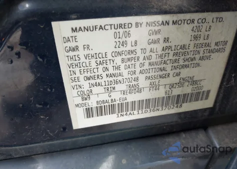 2006 Nissan Altima 2.5 S из США, поврежденный, VIN 1N4AL11D36N370248